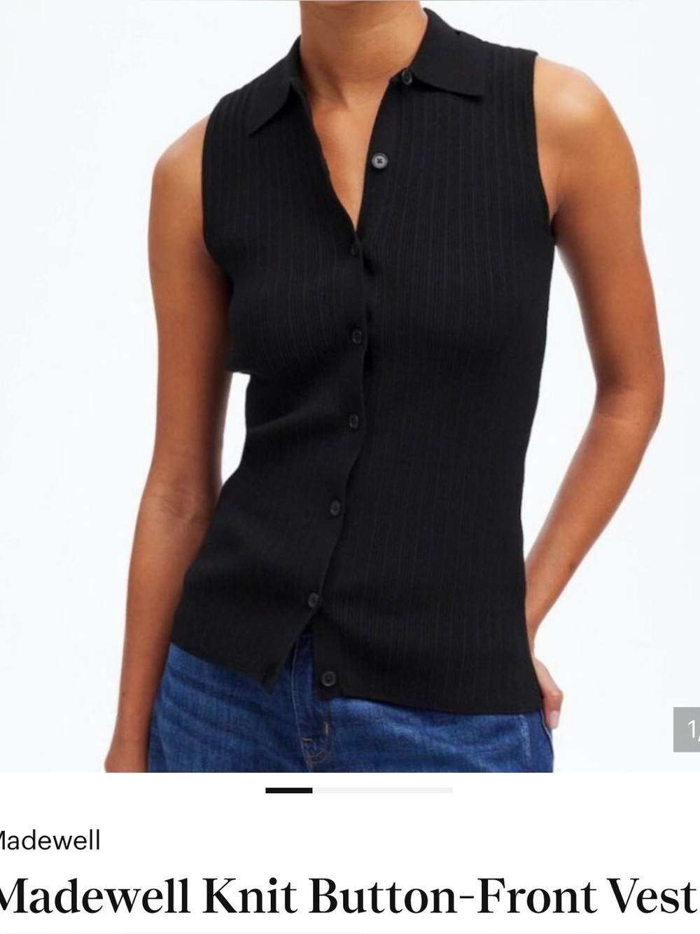 Madewell Black Ribbed Sleeveless Button-Front Collared Tank Top